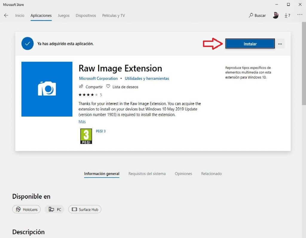 Captura Instalar Raw Image Extension